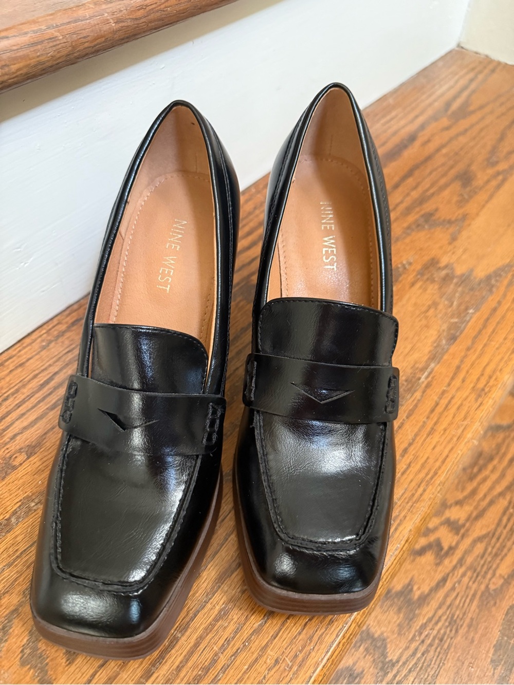 Nine West Black Leather Block Heel Penny Loafer Mary Jane Pumps Sz 8 Platform - Picture 6 of 13